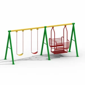 3 Seater Outdoor Playground Swing Set with Bench Swing 3 seater outdoor playground swing set with two belt swings and one metal bench swing on a heavy-duty steel frame for parks, schools, and gardens.