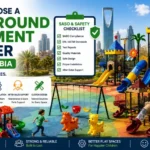 Colorful playground equipment in Saudi Arabia with safety, quality, SASO compliance, professional installation, and after-sales support highlights.