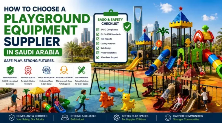 Colorful playground equipment in Saudi Arabia with safety, quality, SASO compliance, professional installation, and after-sales support highlights.