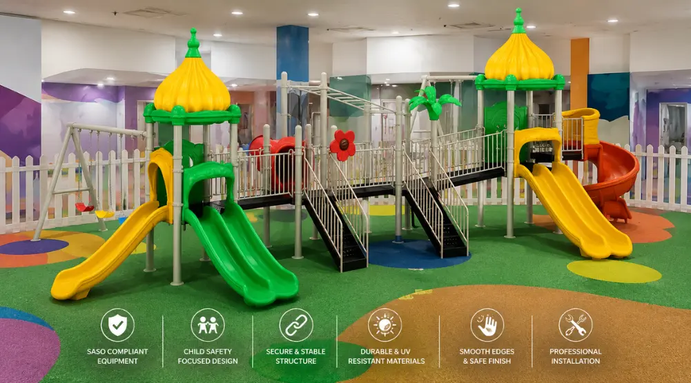 Safe playground equipment with durable slides, climbing structures, and child-friendly design features