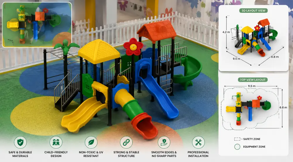 Custom-designed playground equipment with colorful slides, climbing activities, and multiple play zones