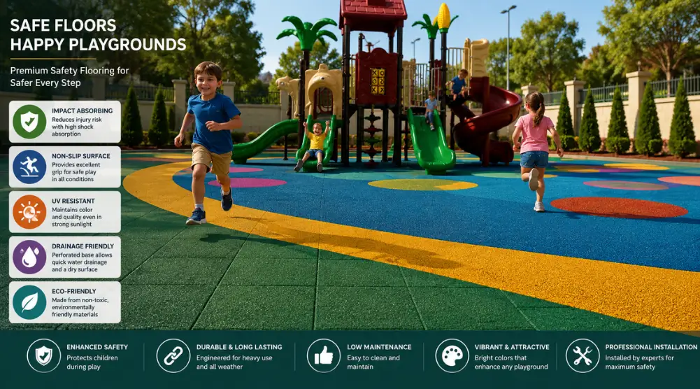 Colorful impact-absorbing rubber safety flooring installed around outdoor playground equipment