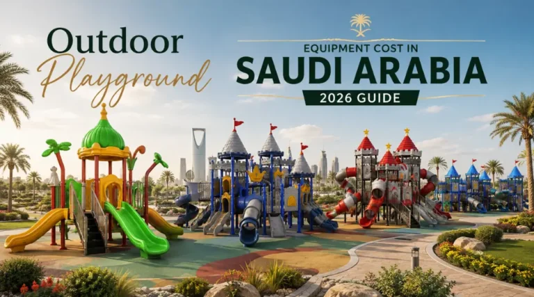 Outdoor playground equipment cost in Saudi Arabia 2026 guide featuring commercial playground structures, slides and safety flooring.