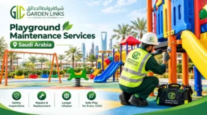 Playground maintenance inspection in Saudi Arabia with technician checking outdoor play equipment, connections and safety flooring.