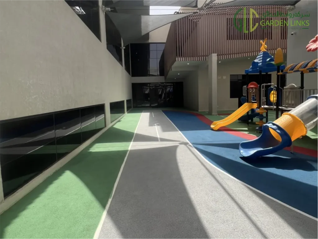 Playground Equipment Installation at Gheras School Riyadh Saudi Arabia featuring running track and play area