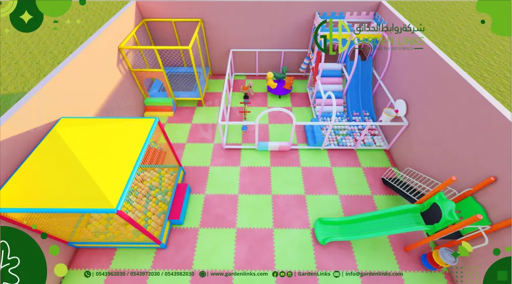 3D playground design 10 × 10 m with slides, ball pit, trampoline and soft play flooring