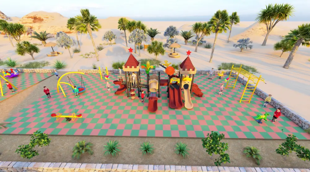 Outdoor kids play area 3D design measuring 10 × 20 m with slides, swings, climbing equipment, seesaw, and spring riders by Garden Links.
