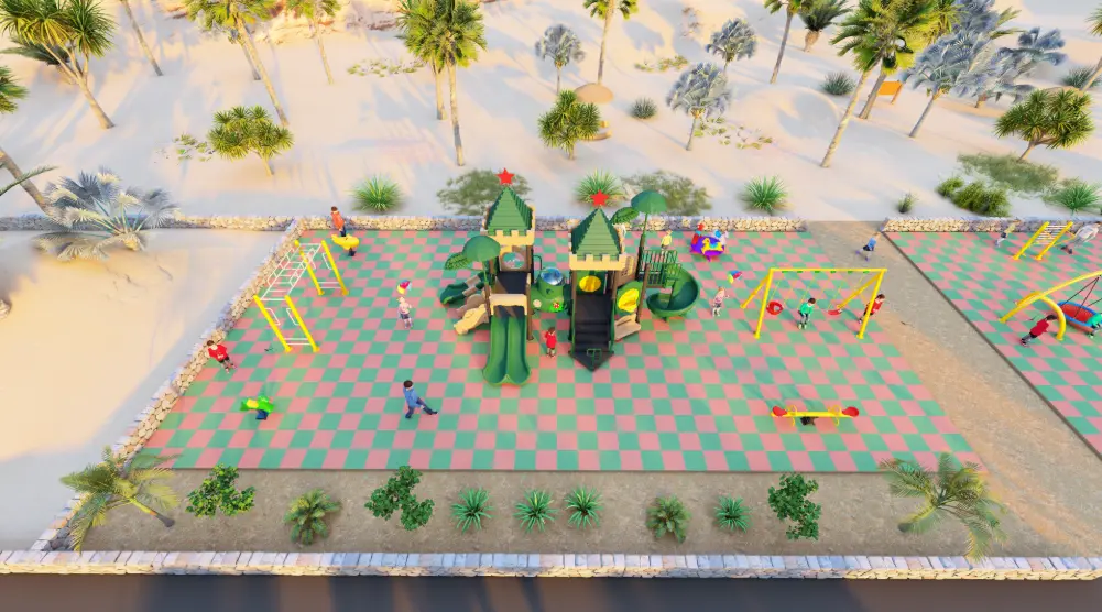 Elevated 3D playground equipment layout for a 10 × 20 m area with multi-play structure, swings, climbing activities, and safety flooring.