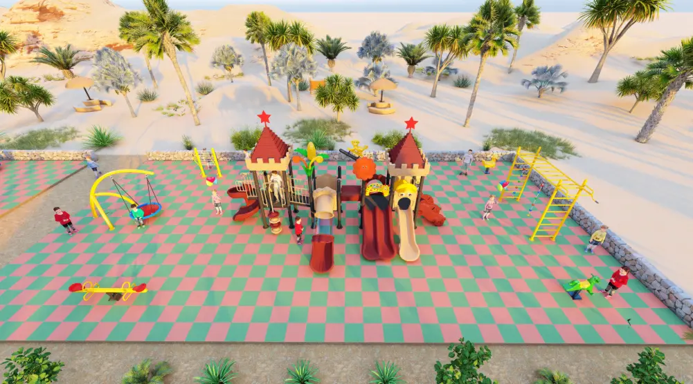 Kids playground equipment design for a 10 × 20 m outdoor area featuring multi-play slides, climbing frame, swings, seesaw, and spring rider.