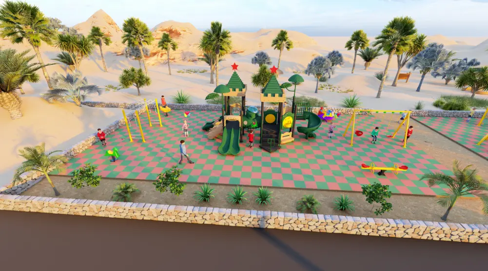 Outdoor playground 3D concept for a 10 × 20 m space with slides, swings, climbing equipment, seesaw, spring riders, and safety flooring.