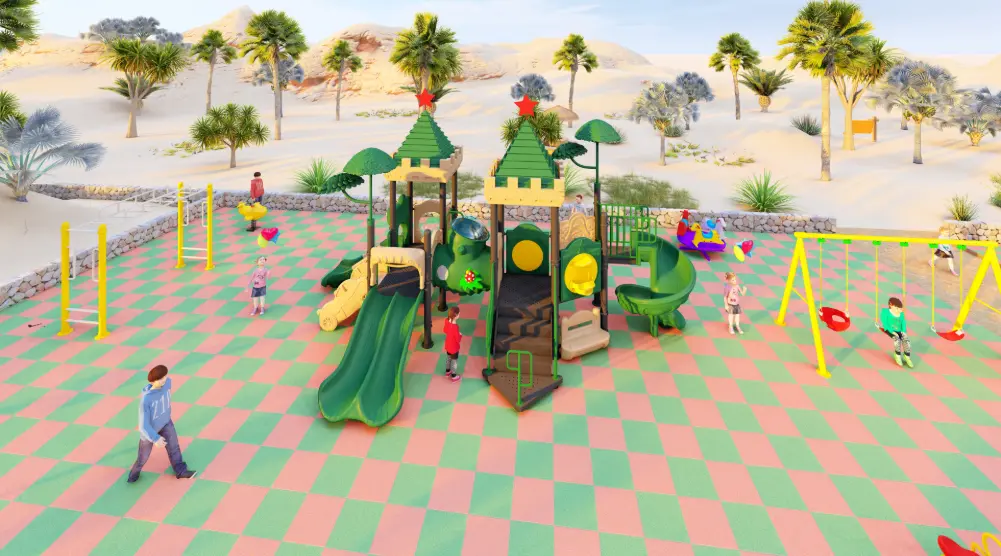 3D view of a 10 × 20 m playground with multi-play towers, slides, swings, climbing equipment, and organized outdoor play zones.