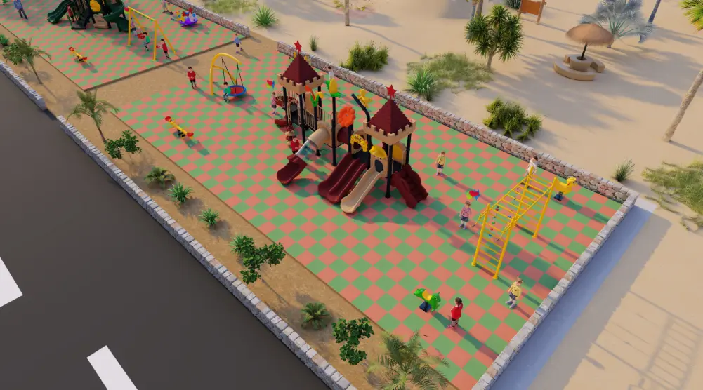 3D playground design for a 10 × 20 m outdoor kids play area with multi-play structure, swings, climbing equipment, seesaw, and spring riders by Garden Links.