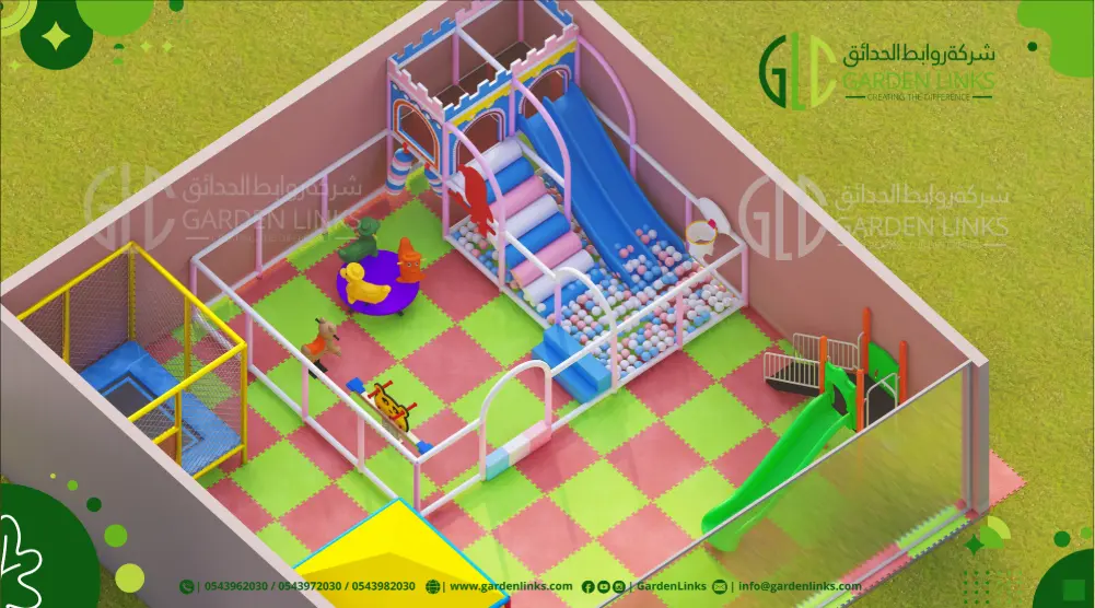 3D playground design 10 × 10 m with blue slide, ball pit, trampoline and spring riders