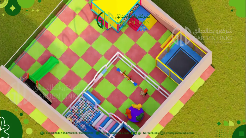 Aerial view of 3D playground design 10 × 10 m with green slide, trampoline, ball pit and activity area