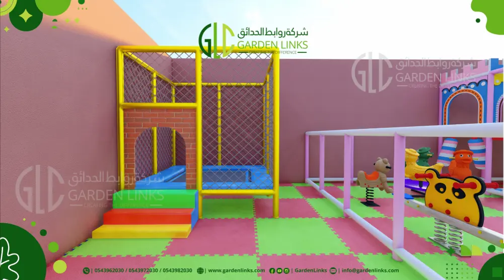 3D playground design 10 × 10 m with trampoline, spring riders and soft play flooring