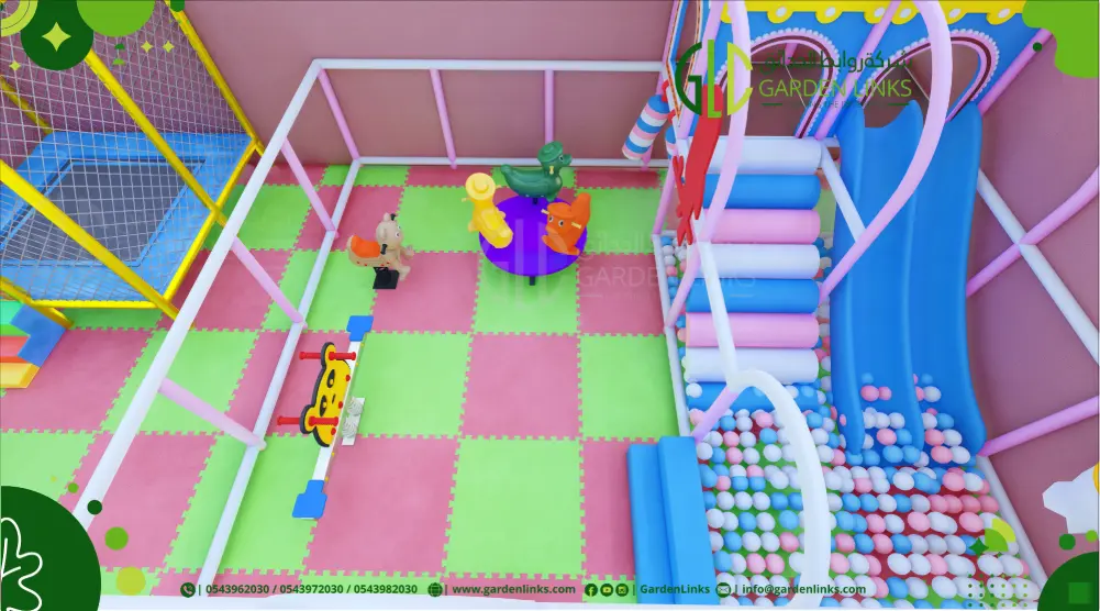 3D playground design 10 × 10 m with blue slide, ball pit and spring riders