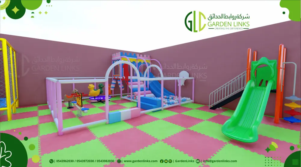 3D playground design 10 × 10 m with green slide, blue slide, ball pit and spring riders