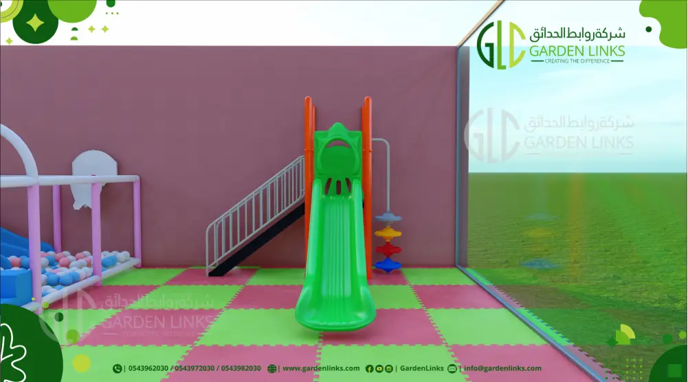 3D playground design 10 × 10 m with green slide, climbing stairs and soft safety flooring