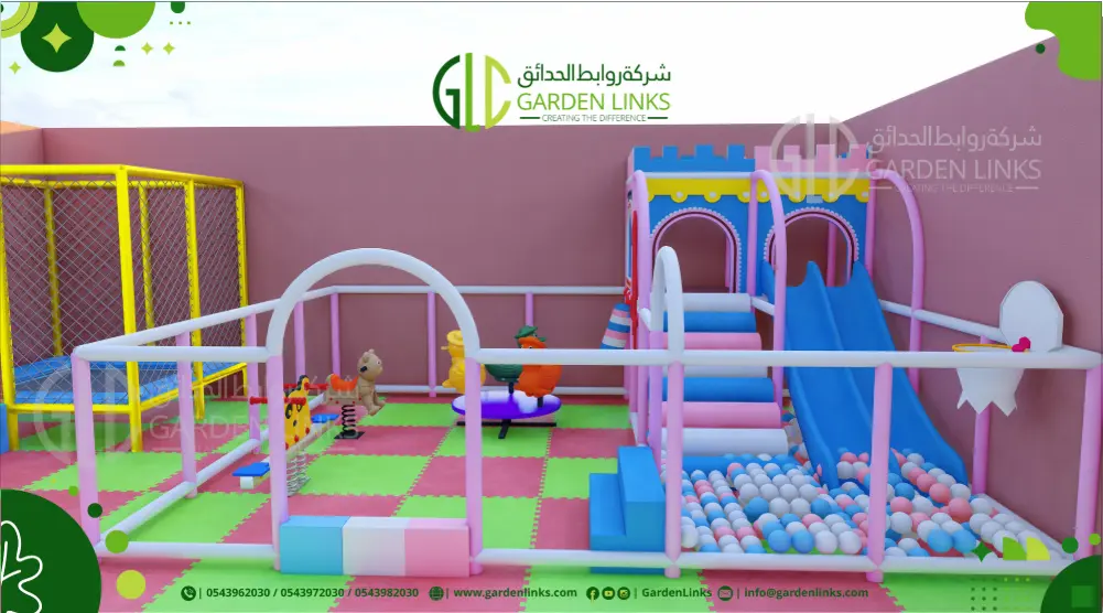 3D playground design 10 × 10 m with blue double slide, ball pit, spring riders and soft play area