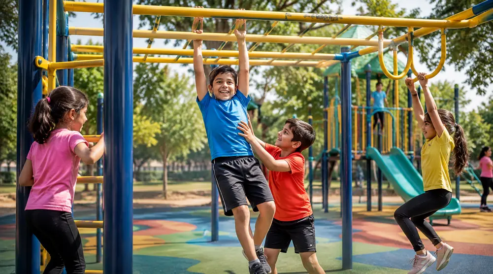 Children enjoying a monkey bars playground while improving upper body strength, balance, grip strength, and coordination in a modern outdoor play area