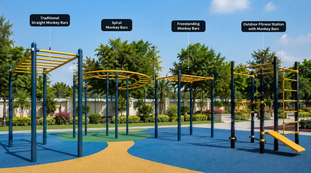 Different types of monkey bars including traditional straight monkey bars, spiral monkey bars, freestanding monkey bars, and an outdoor fitness station with monkey bars in a modern playground