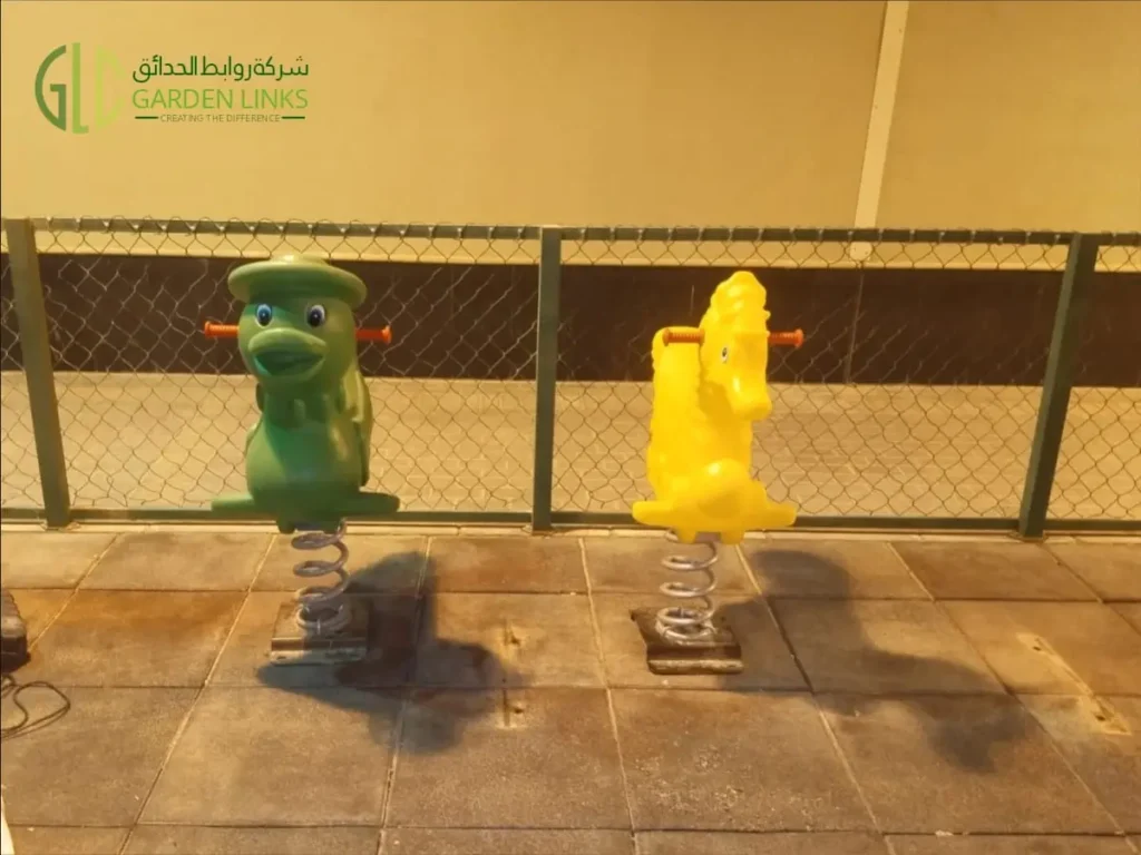 Animal-shaped spring riders installed at the Armak Real Estate Company residential playground in Riyadh by Garden Links.