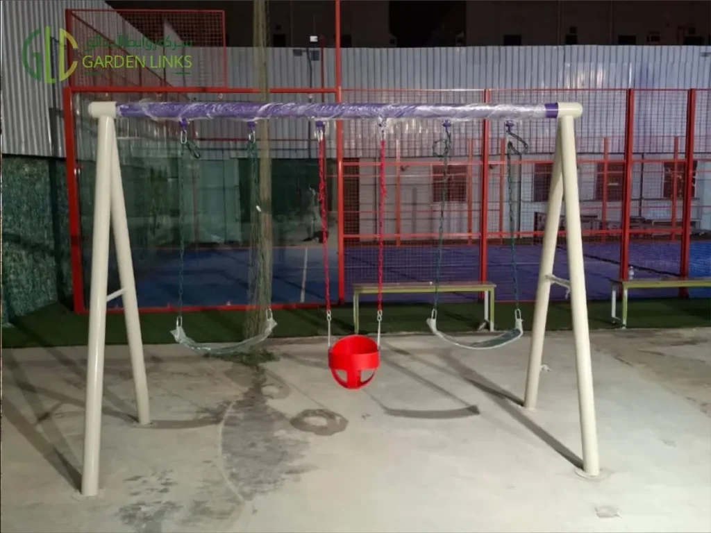 Outdoor four-seat swing set for schools installed at Al Maqased School, Jeddah by Garden Links