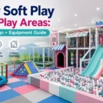 Indoor soft play area with slides, ball pool, trampoline, climbing activities and padded safety flooring for kids.