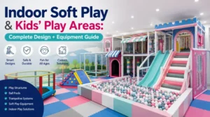 Indoor soft play area with slides, ball pool, trampoline, climbing activities and padded safety flooring for kids.