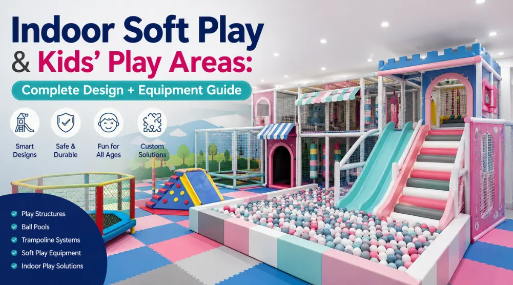 Indoor soft play area with slides, ball pool, trampoline, climbing activities and padded safety flooring for kids.