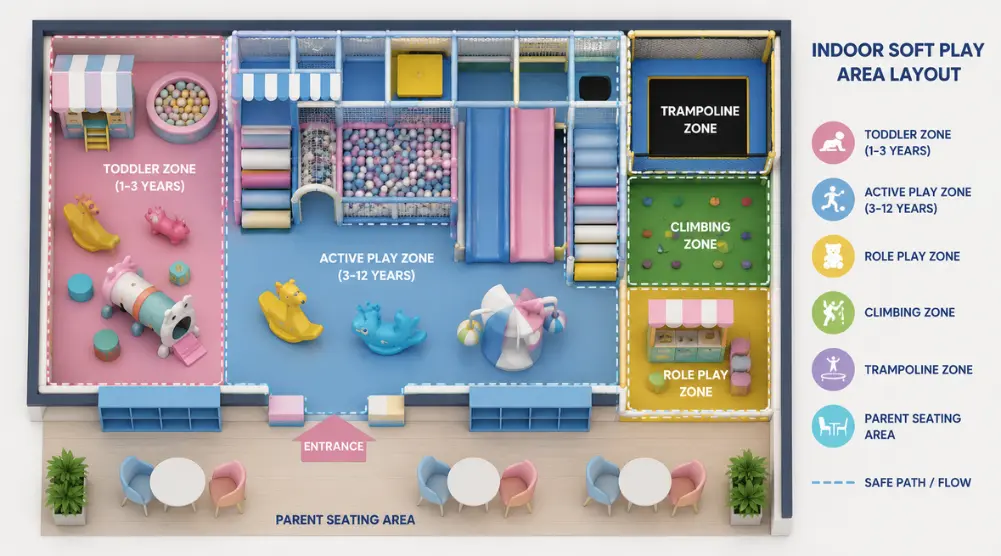 Indoor soft play area layout showing toddler, active play, trampoline, climbing, role play and parent seating zones.