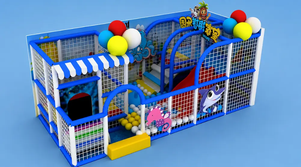Indoor soft play system with ball pool, padded stairs, enclosed play structure and colorful activity features for children.