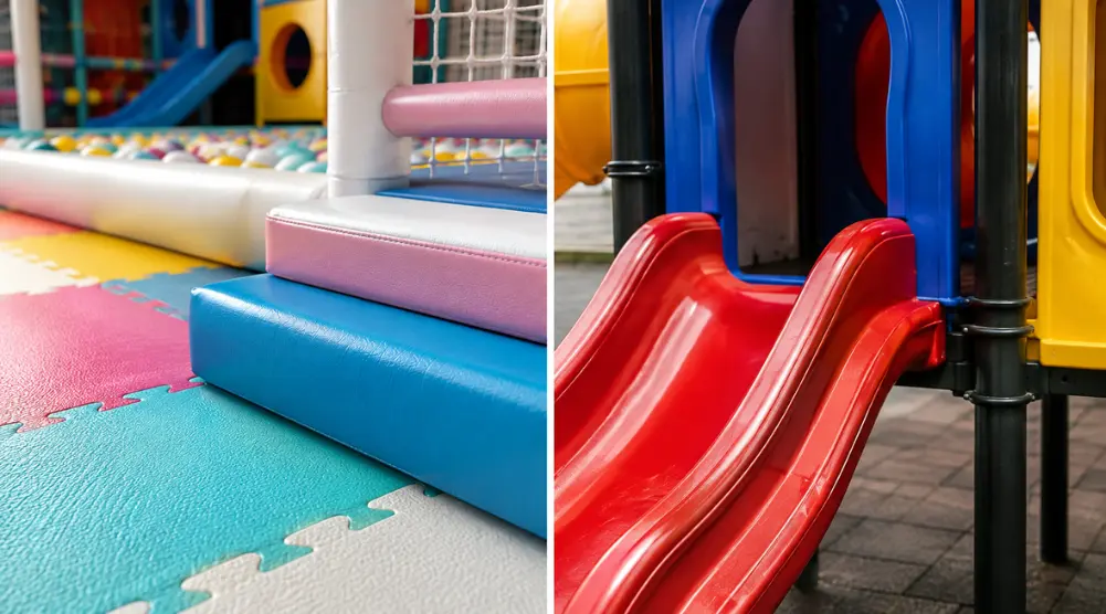 Indoor soft play flooring compared with a traditional hard plastic playground slide, showing padded foam surfaces and rigid play equipment.