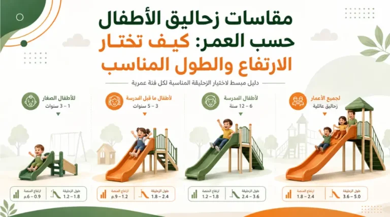 مقاسات زحاليق الأطفال حسب العمر مع مقارنة ارتفاع وطول الزحليقة المناسبة لكل فئة عمرية.