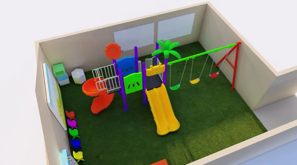 Aerial 3D view of a 7 × 4 m playground showing play structure, slides and swing area.