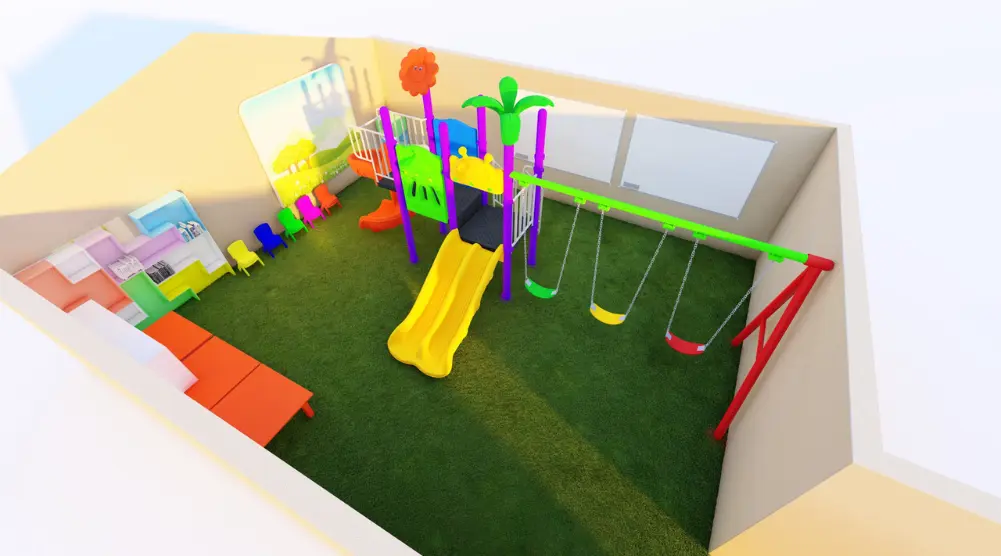 Elevated 3D view of a 7 × 4 m playground with slides, swings and seating.