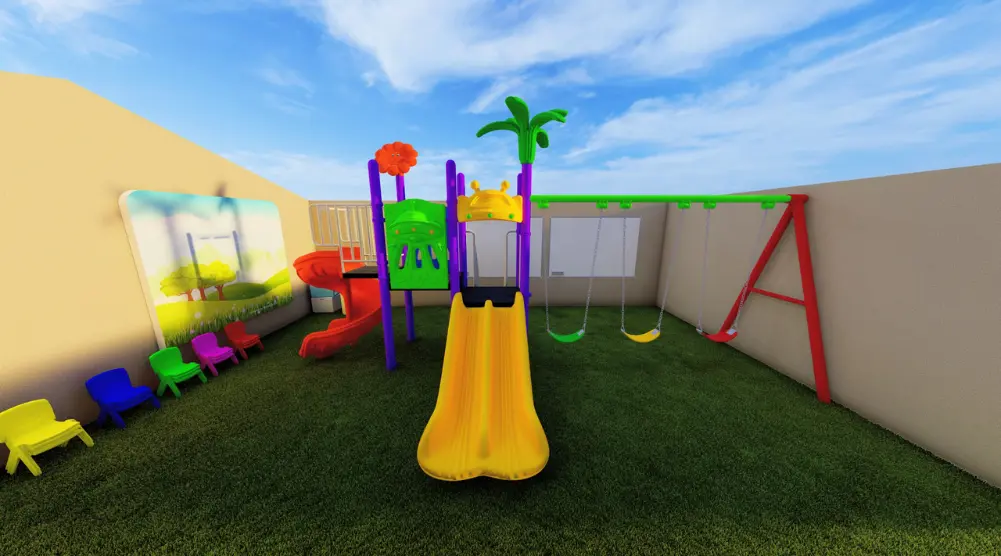 Front view of a 7 × 4 m 3D playground with straight slide, spiral slide and swings.