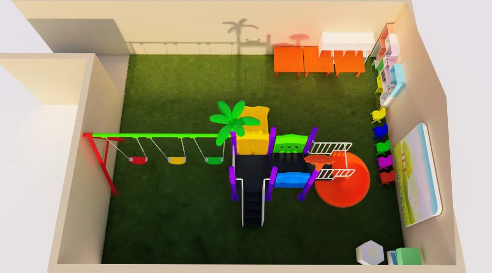 Angled top view of a 7 × 4 m playground layout with multi-play structure and swings.