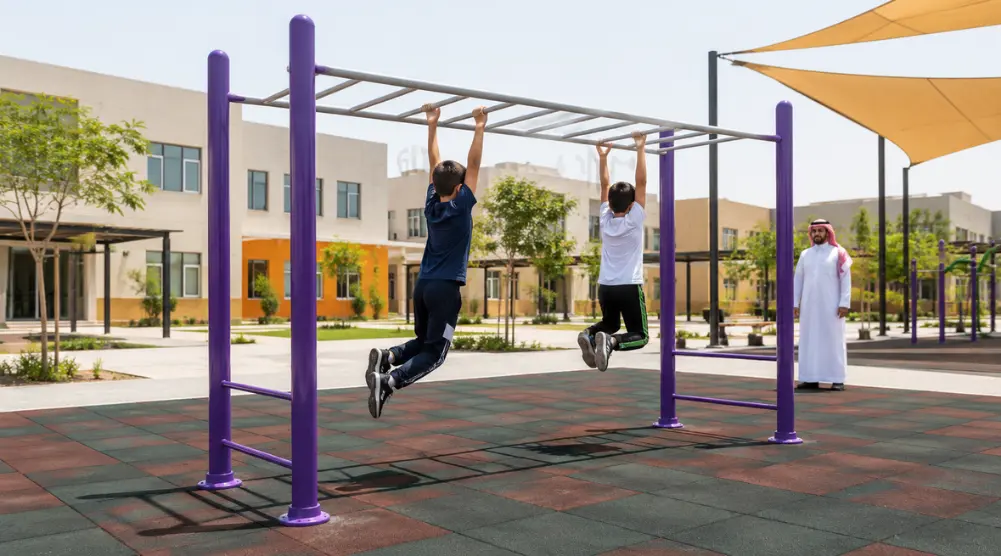Monkey bars playground in Saudi Arabia with children using a professionally installed steel climbing structure over rubber safety flooring under adult supervision.
