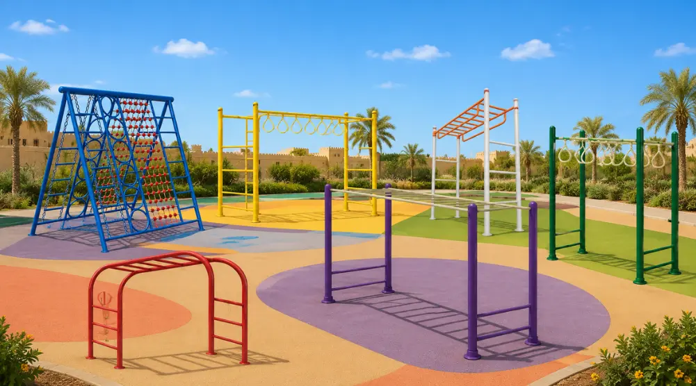 Monkey bars playground in Saudi Arabia featuring multiple outdoor climbing structures, freestanding monkey bars, ring climbers and rubber safety flooring.