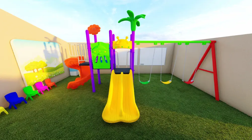 3D playground design for a 7 × 4 m space with slides, swings and artificial grass.