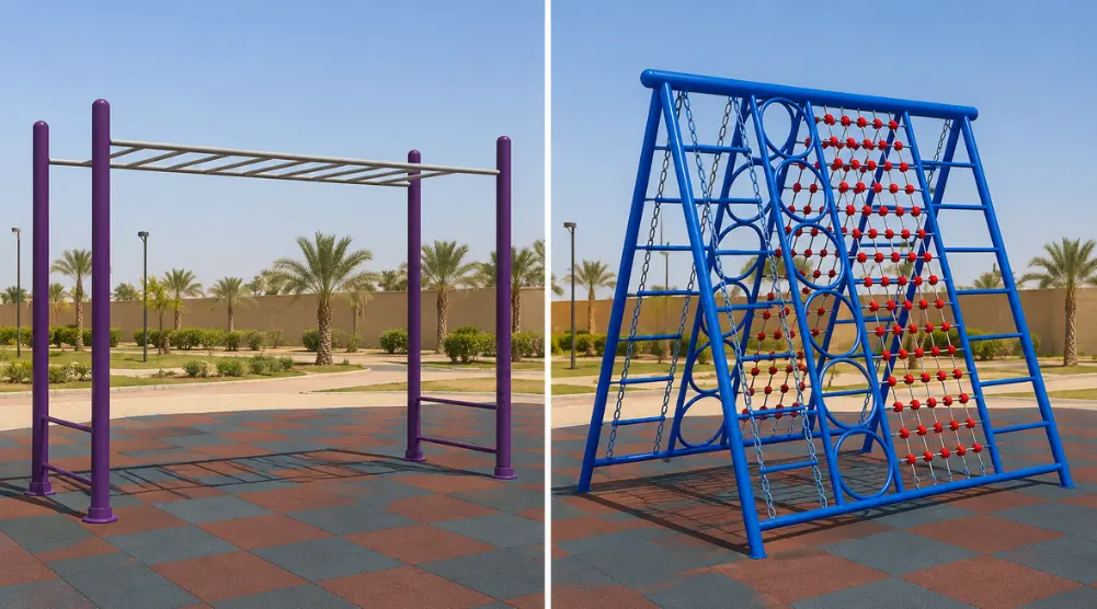 Monkey bars playground comparison showing a straight freestanding monkey bar and a multi-activity climbing frame with rope and ladder elements in Saudi Arabia.
