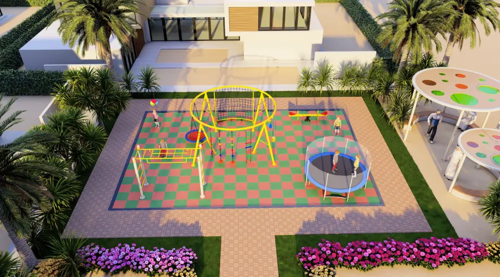 3D playground design 11 × 7.5 m with trampoline, swings, climbing frame and safety flooring.