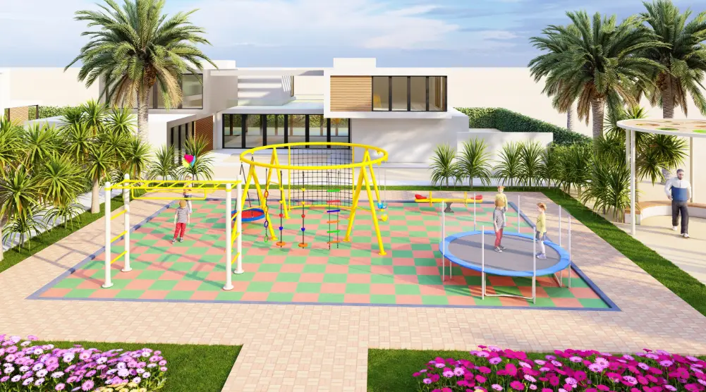 3D playground design 11 × 7.5 m with trampoline, climbing frame, swings and seesaw.