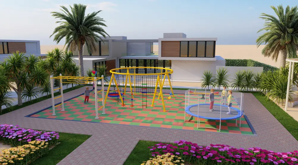 3D playground design 11 × 7.5 m with trampoline, climbing frame and outdoor play equipment.