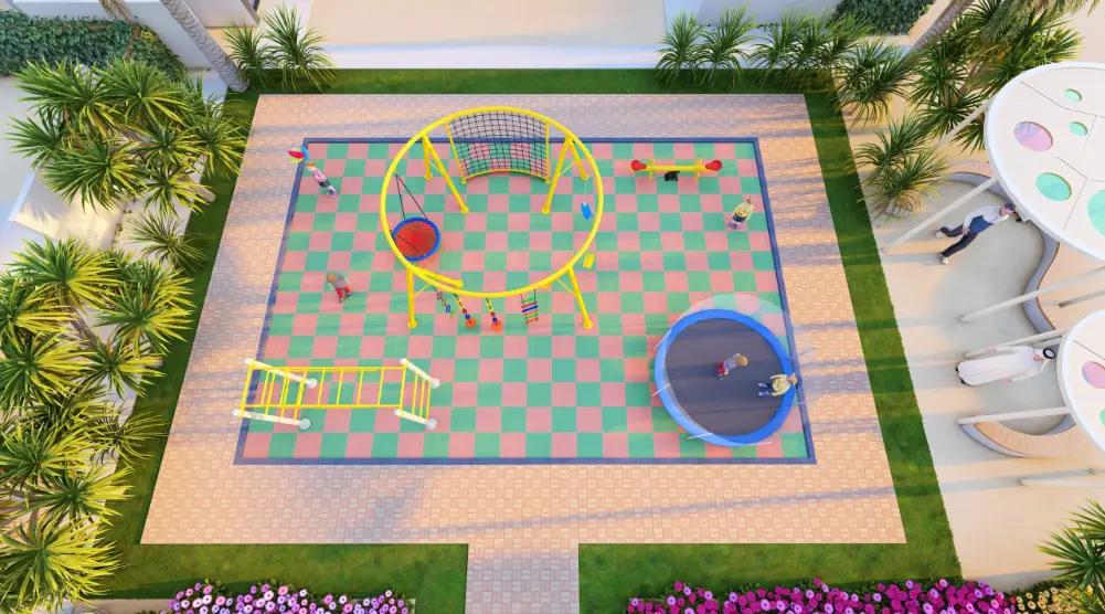 Aerial 3D playground design 11 × 7.5 m with trampoline, climbing frame, swings and seesaw.
