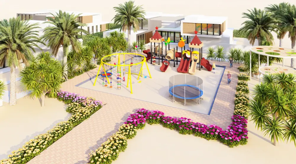 3D playground design 11 × 11 m with multi-play tower, climbing frame, trampoline and landscaped surroundings.