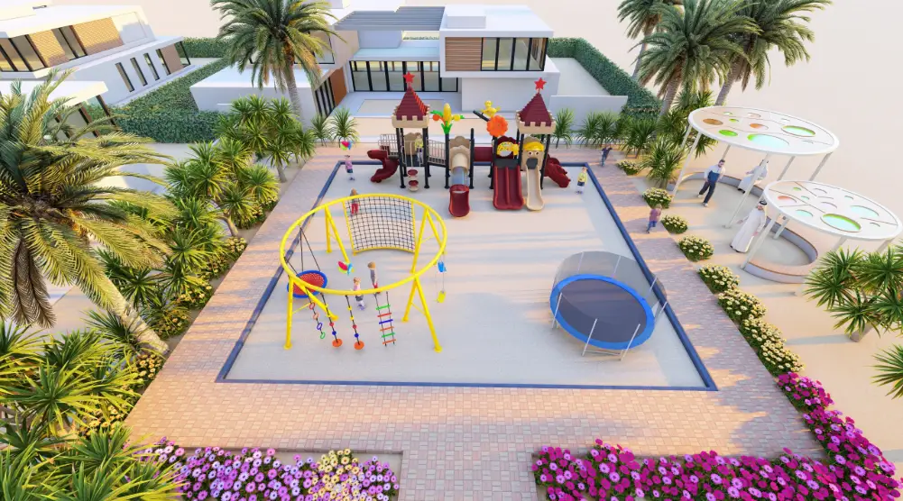 3D playground design 11 × 11 m with multi-play structure, climbing frame and trampoline.