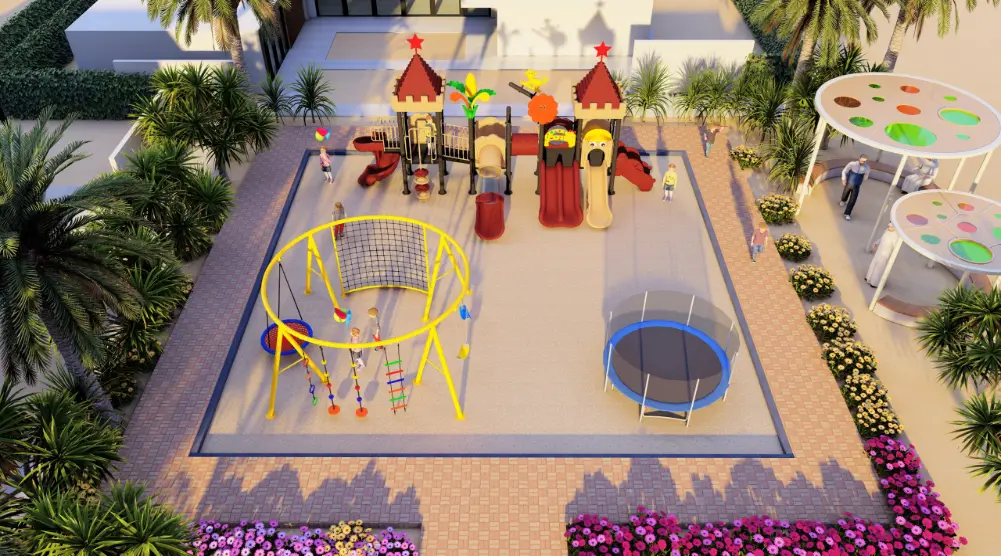 Aerial 3D playground design 11 × 11 m with multi-play tower, climbing frame and trampoline.