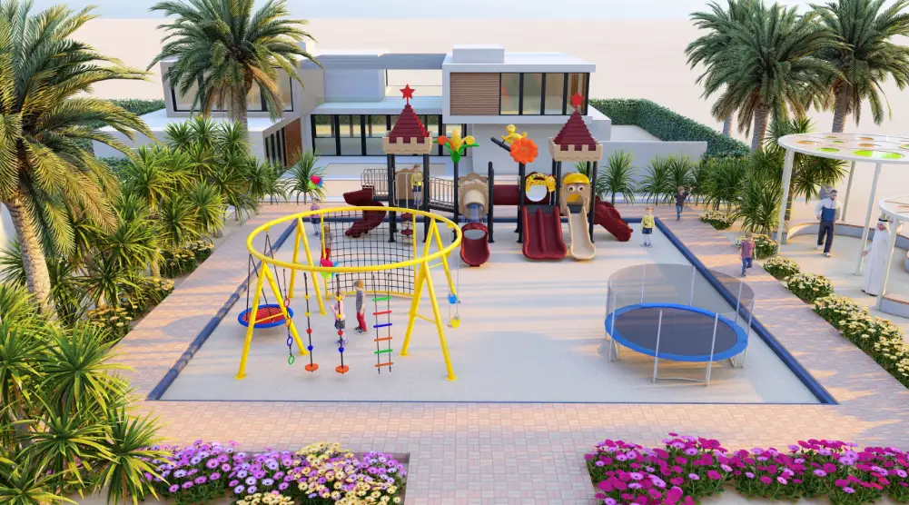 3D playground design 11 × 11 m with multi-play tower, climbing frame, swings and trampoline.